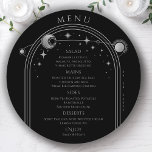 Mystical Black Silver Sun Moon Space Wedding Menu<br><div class="desc">Mystical Black Silver Sun Moon Stars Space Wedding Menu Cards features a silver sun,  moon and stars frame on a black background with your menu details in the center in modern silver calligraphy script. Personalize by editing the text in the text boxes provided. Designed by Evco Studio www.zazzle.com/store/evcostudio</div>