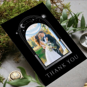 Mystical Black Silver Sun Moon Star Photo Wedding Thank You Card