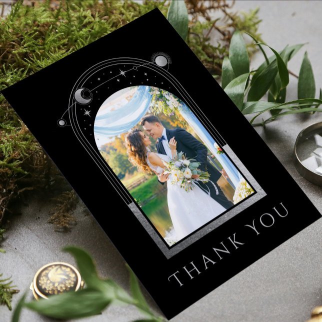 Mystical Black Silver Sun Moon Star Photo Wedding Thank You Card (Creator Uploaded)