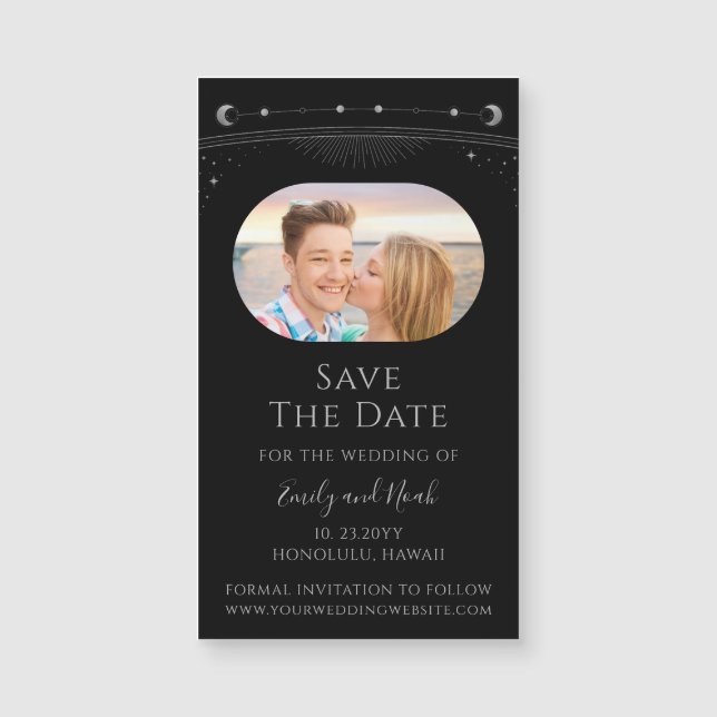 Mystical Black Silver Sun Moon Star Save The Date (Front)