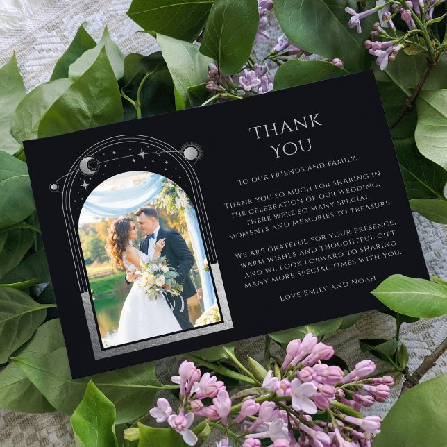 Mystical Black Silver Sun Moon Stars Photo Wedding Thank You Card (Creator Uploaded)
