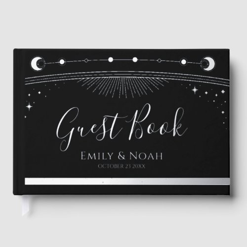 Mystical Black Silver Sun Moon Stars Wedding Foil Guest Book