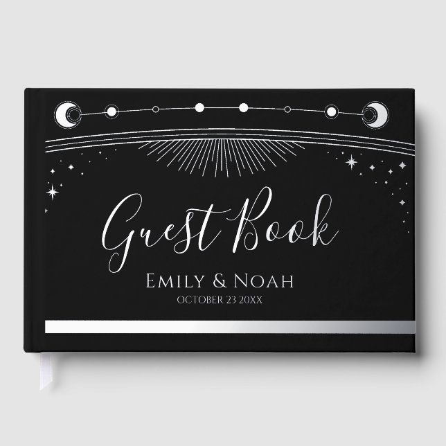 Mystical Black Silver Sun Moon Stars Wedding Foil Guest Book (Front)