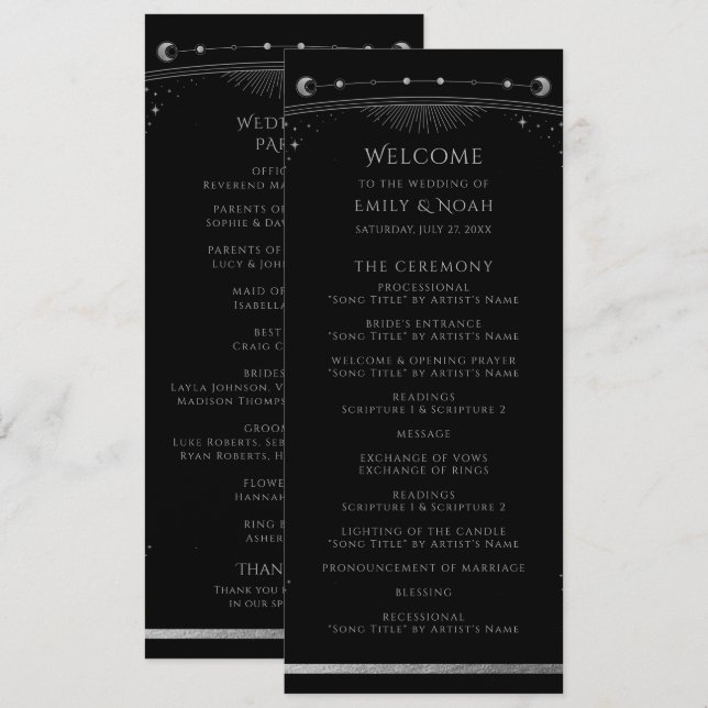 Mystical Black SIlver Sun Moon Stars Wedding Program (Front/Back)