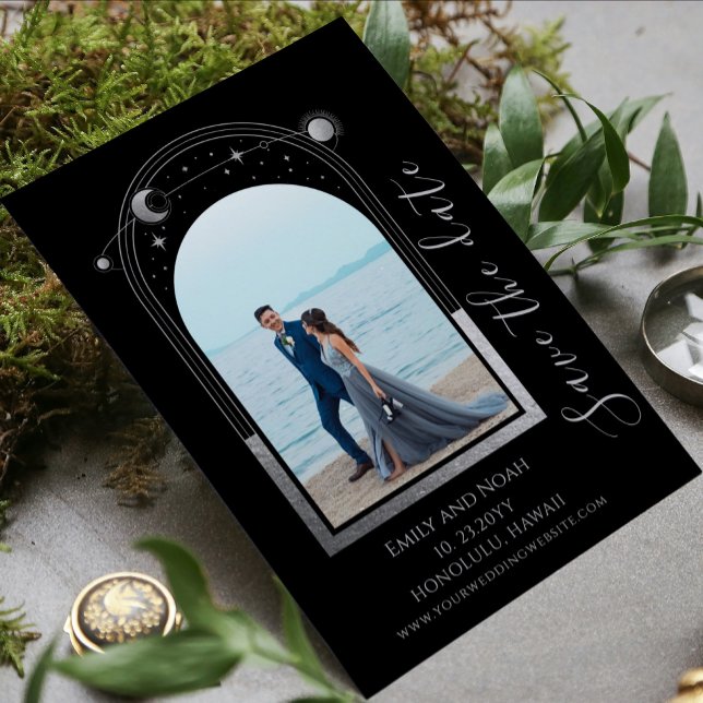 Mystical Black Silver Sun Moon Stars Wedding Save The Date (Creator Uploaded)