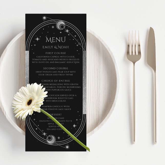 Mystical Black Silver Sun Moon Wedding Menu Cards (Creator Uploaded)
