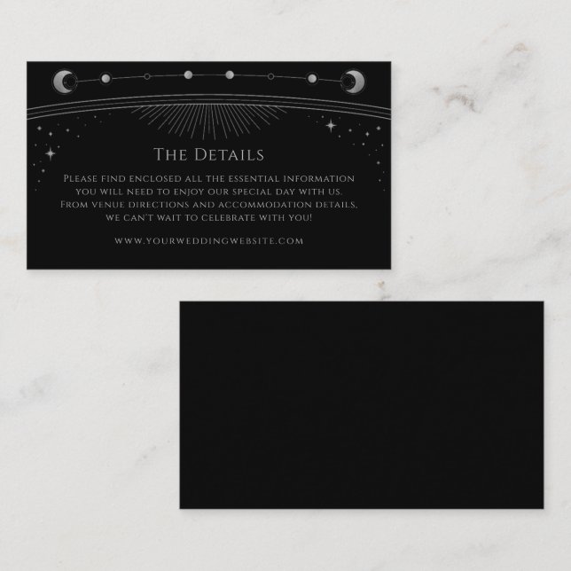 Mystical Black Silver Wedding Details Celestial Enclosure Card (Front/Back)