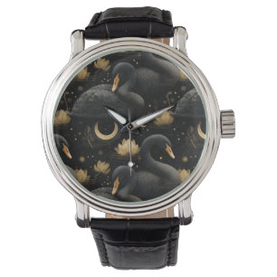 Mystical Black Swan and Golden Lotus Pattern Watch