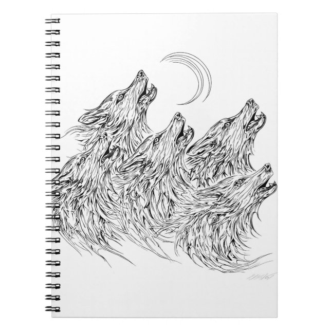 Mystical Black White Howling Wolves Art Notebook (Front)