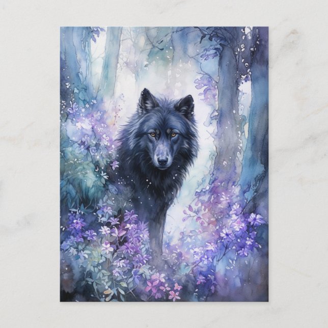 Mystical Black Wolf in Purple Watercolor Forest Postcard (Front)