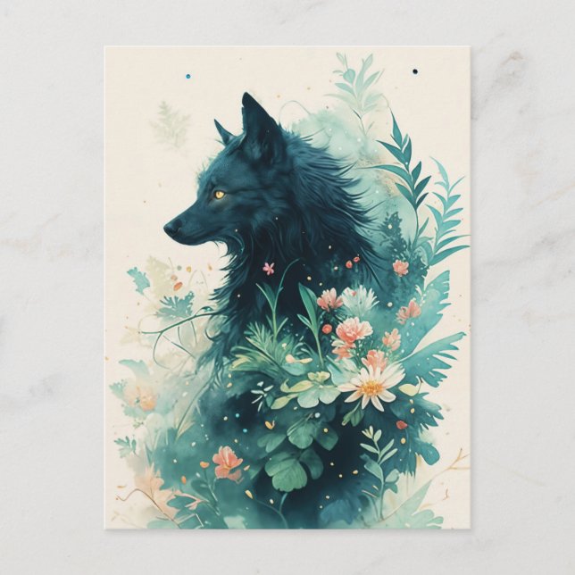 Mystical Black Wolf in Teal Botanical Garden Postcard (Front)