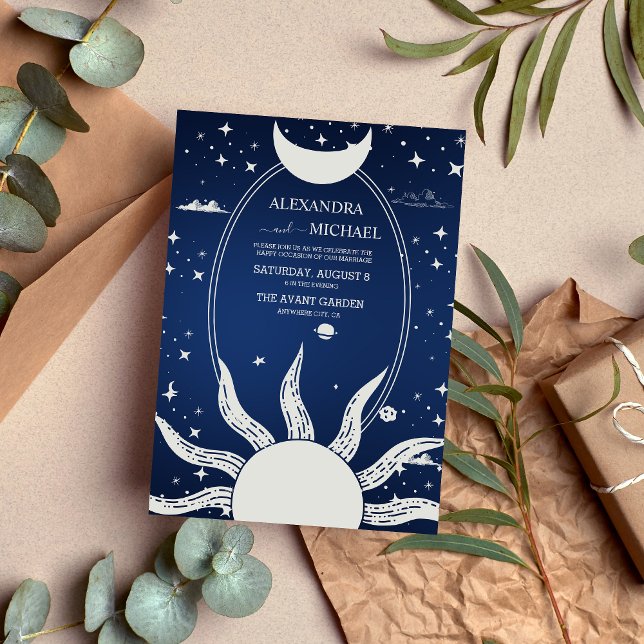  Mystical Blue and Silver Sun Moon Wedding  Invitation (Creator Uploaded)