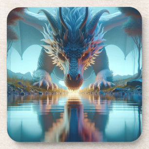 Mystical Blue Dragon Looking at Reflection in Wate Beverage Coaster