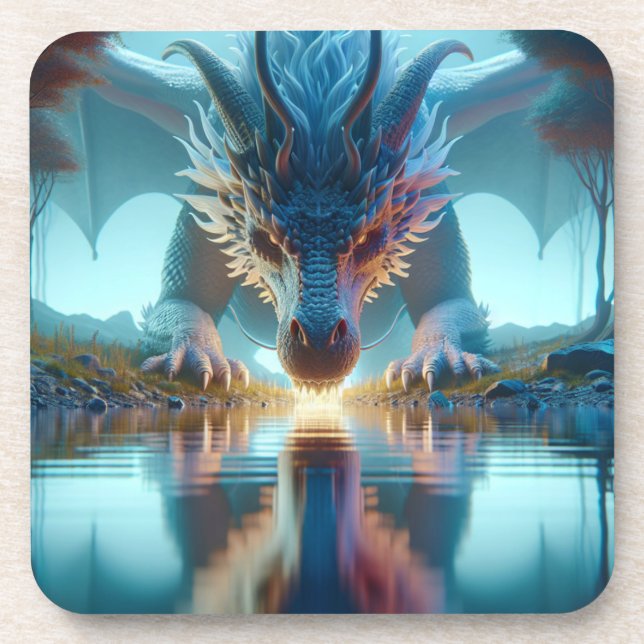 Mystical Blue Dragon Looking at Reflection in Wate Beverage Coaster (Front)
