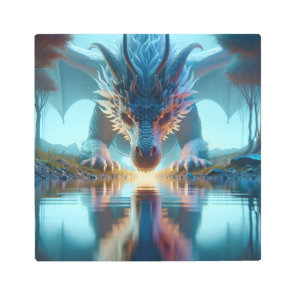 Mystical Blue Dragon Looking at Reflection in Wate Metal Print