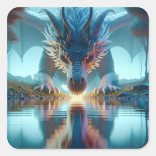 Mystical Blue Dragon Looking at Reflection in Wate Square Sticker