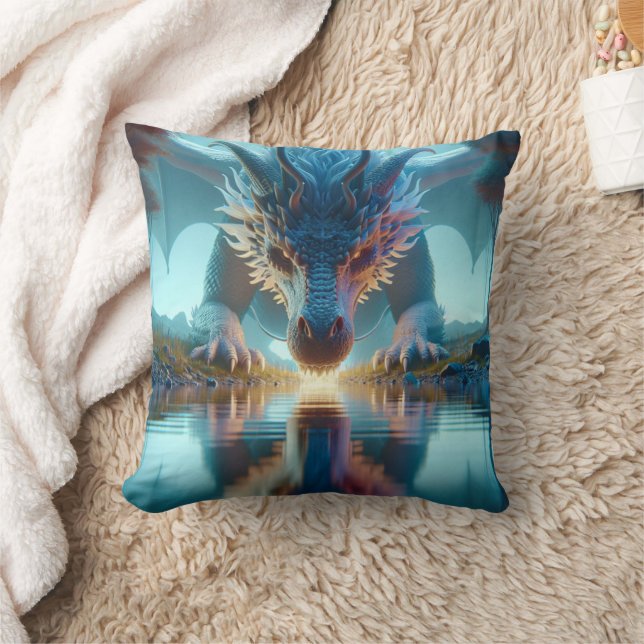 Mystical Blue Dragon Looking at Reflection in Wate Throw Pillow (Blanket)