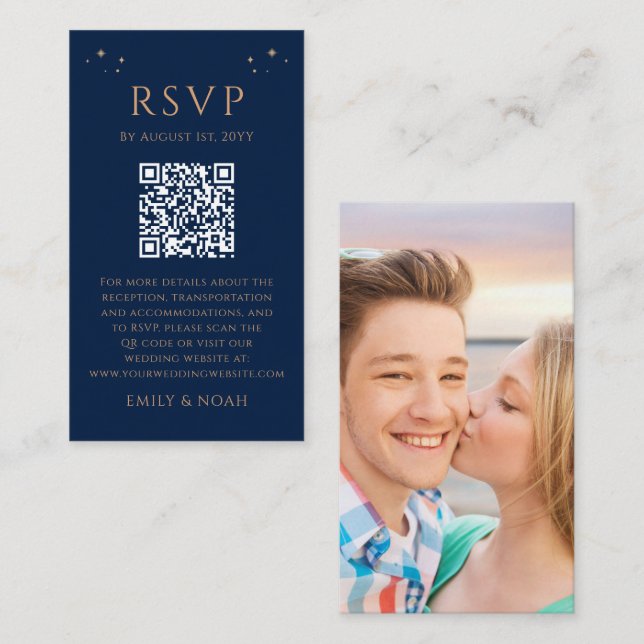 Mystical Blue Gold Budget QR Code RSVP Photo Enclosure Card (Front/Back)