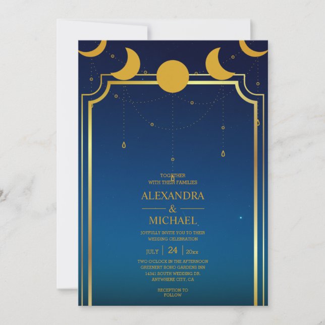 Mystical Blue Gold Celestial Stars Wedding   Invit Invitation (Front)