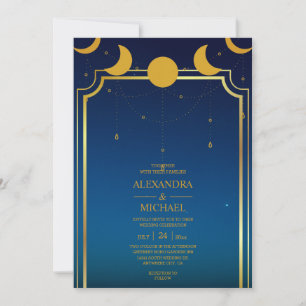 Mystical Blue Gold Celestial Stars Wedding Invit Invitation