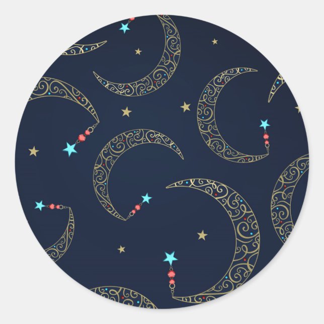 Mystical Blue Gold Filigree Moon Celestial Party Classic Round Sticker (Front)