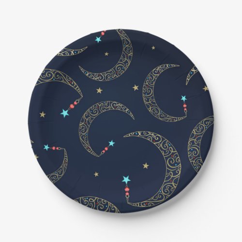 Mystical Blue  Gold Filigree Moon Celestial Party Paper Plates