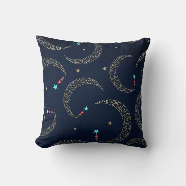 Mystical Blue Gold Filigree Moon Celestial Throw Pillow (Front)