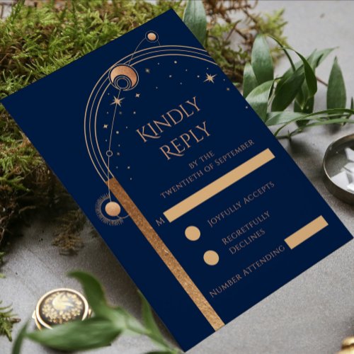 Mystical Blue Gold Star Moon Astronomy Wedding RSVP Card