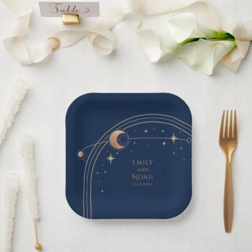 Mystical Blue Gold Sun Moon Astronomy Space Paper Plates