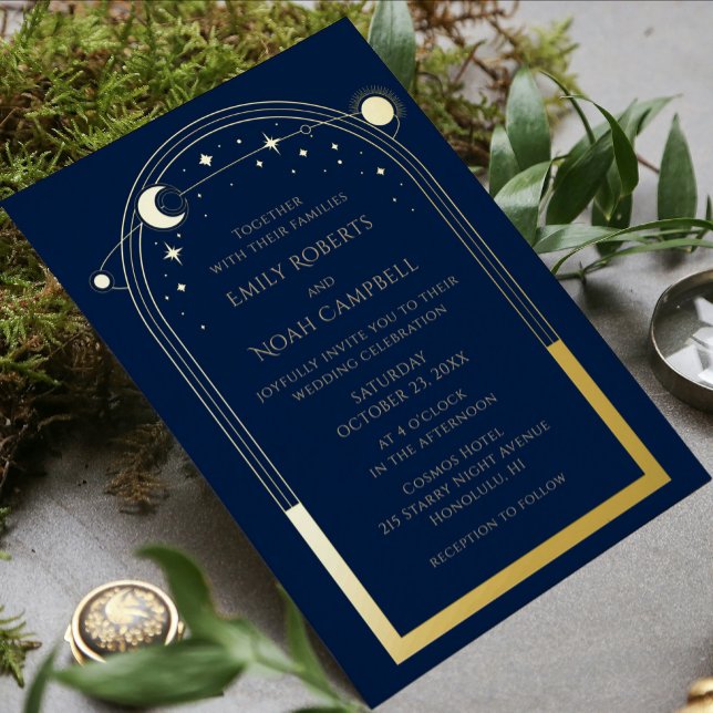 Mystical Blue Gold Sun Moon Astronomy Space Photo Foil Invitation (Creator Uploaded)