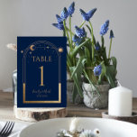 Mystical Blue Gold Sun Moon Astronomy Wedding Table Number<br><div class="desc">Mystical Blue Gold Sun Moon Astronomy Wedding Table Numbers features gold sun, moon and stars with a golden frame on a black background. Inside is your custom wedding invitation information. Personalize by editing the text in the text boxes. NOTE: Please customize with table numbers one by one and add to...</div>