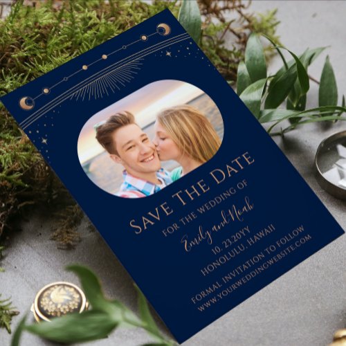 Mystical Blue Gold Sun Moon Star Space Save The Date