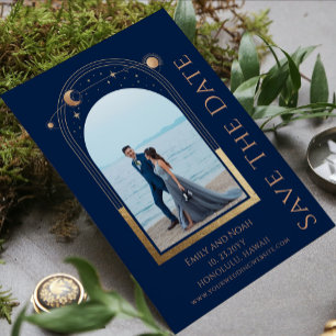 Mystical Blue Gold Sun Moon Star Space Wedding Save The Date