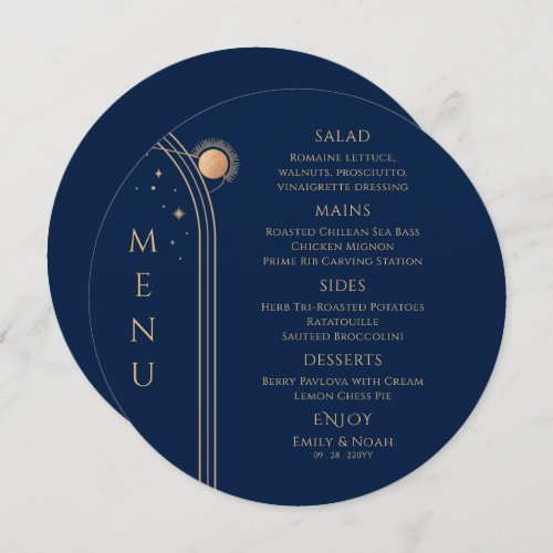 Mystical Blue Gold Sun Moon Stars Space Wedding Menu