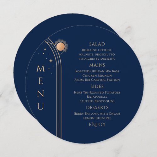 Mystical Blue Gold Sun Moon Stars Space Wedding Menu