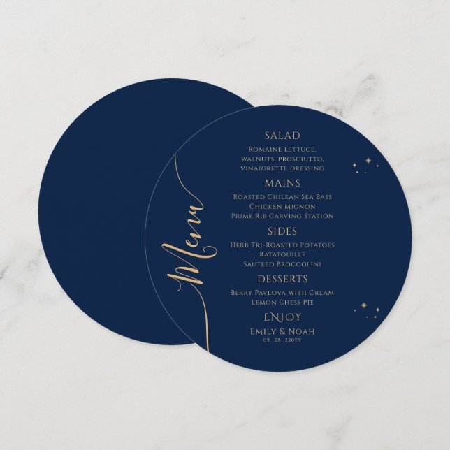 Mystical Blue Gold Sun Moon Stars Space Wedding Menu (Front/Back)