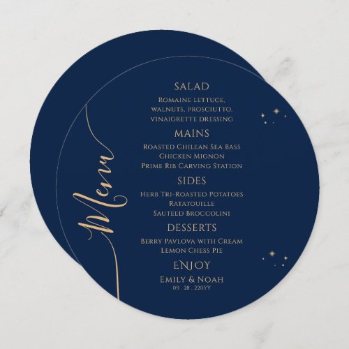 Mystical Blue Gold Sun Moon Stars Space Wedding Menu