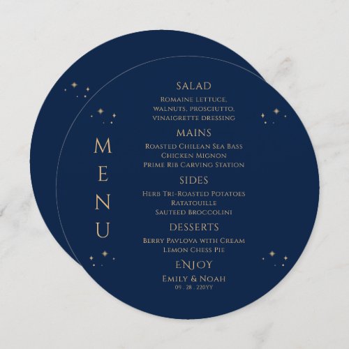 Mystical Blue Gold Sun Moon Stars Space Wedding Menu