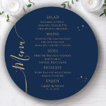 Mystical Blue Gold Sun Moon Stars Space Wedding Menu<br><div class="desc">Mystical Blue Gold Sun Moon Stars Space Wedding Menu Cards features simple gold stars on a blue background with your menu details in the center in modern gold calligraphy script. Personalize by editing the text in the text boxes provided. Designed for you by Evco Studio © at www.zazzle.com/store/evcostudio</div>