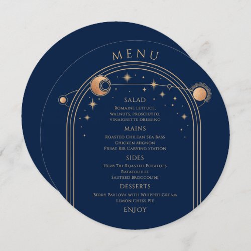 Mystical Blue Gold Sun Moon Stars Space Wedding Menu