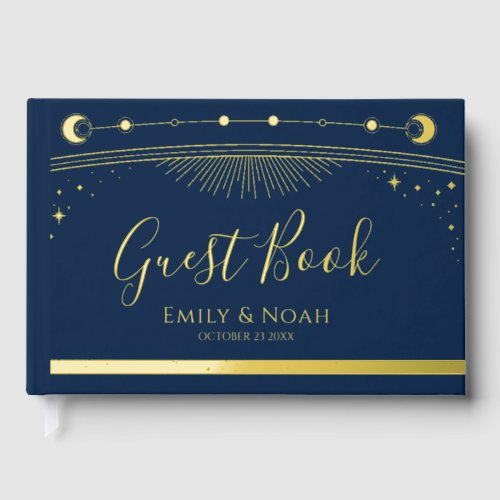 Mystical Blue Gold Sun Moon Stars Wedding Foil Guest Book