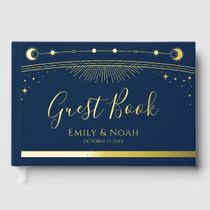 Mystical Blue Gold Sun Moon Stars Wedding Foil Guest Book