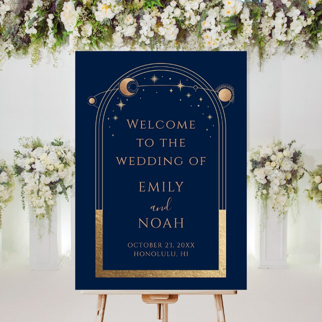 Mystical Blue Gold Sun Moon Stars Welcome Sign (Creator Uploaded)