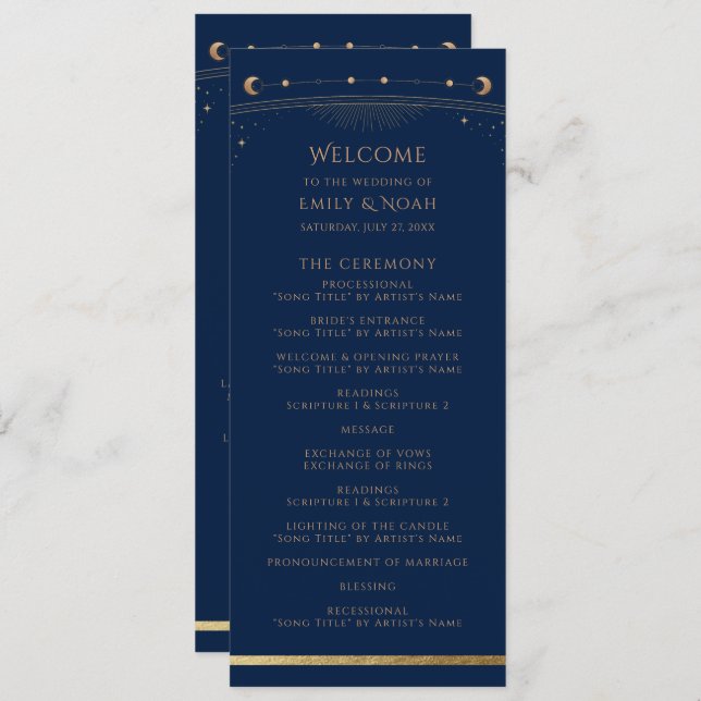 Mystical Blue Gold Sun Star Moon Astronomy Wedding Program (Front/Back)