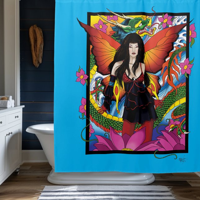 Mystical Blue Gothic Fantasy Fairy Dragon Shower Curtain (Creator Uploaded)