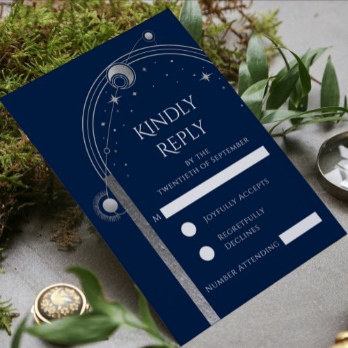 Mystical Blue Silver Star Moon Astronomy Wedding RSVP Card