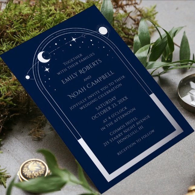 Mystical Blue Silver Sun Moon Astronomy Space Foil Invitation (Creator Uploaded)
