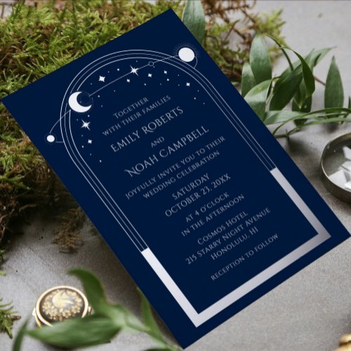 Mystical Blue Silver Sun Moon Stars Photo Wedding Foil Invitation