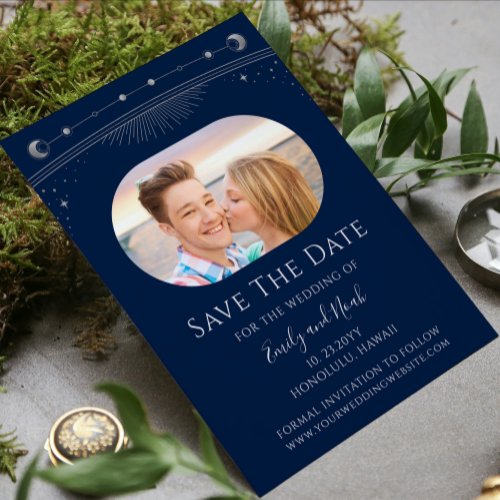 Mystical Blue Silver Sun Moon Stars Space Save The Date