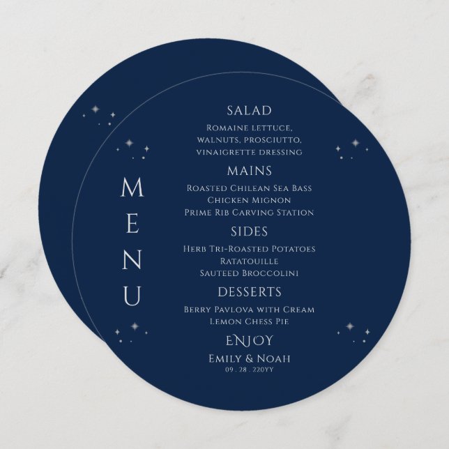 Mystical Blue Silver Sun Moon Stars Space Wedding Menu (Front/Back)
